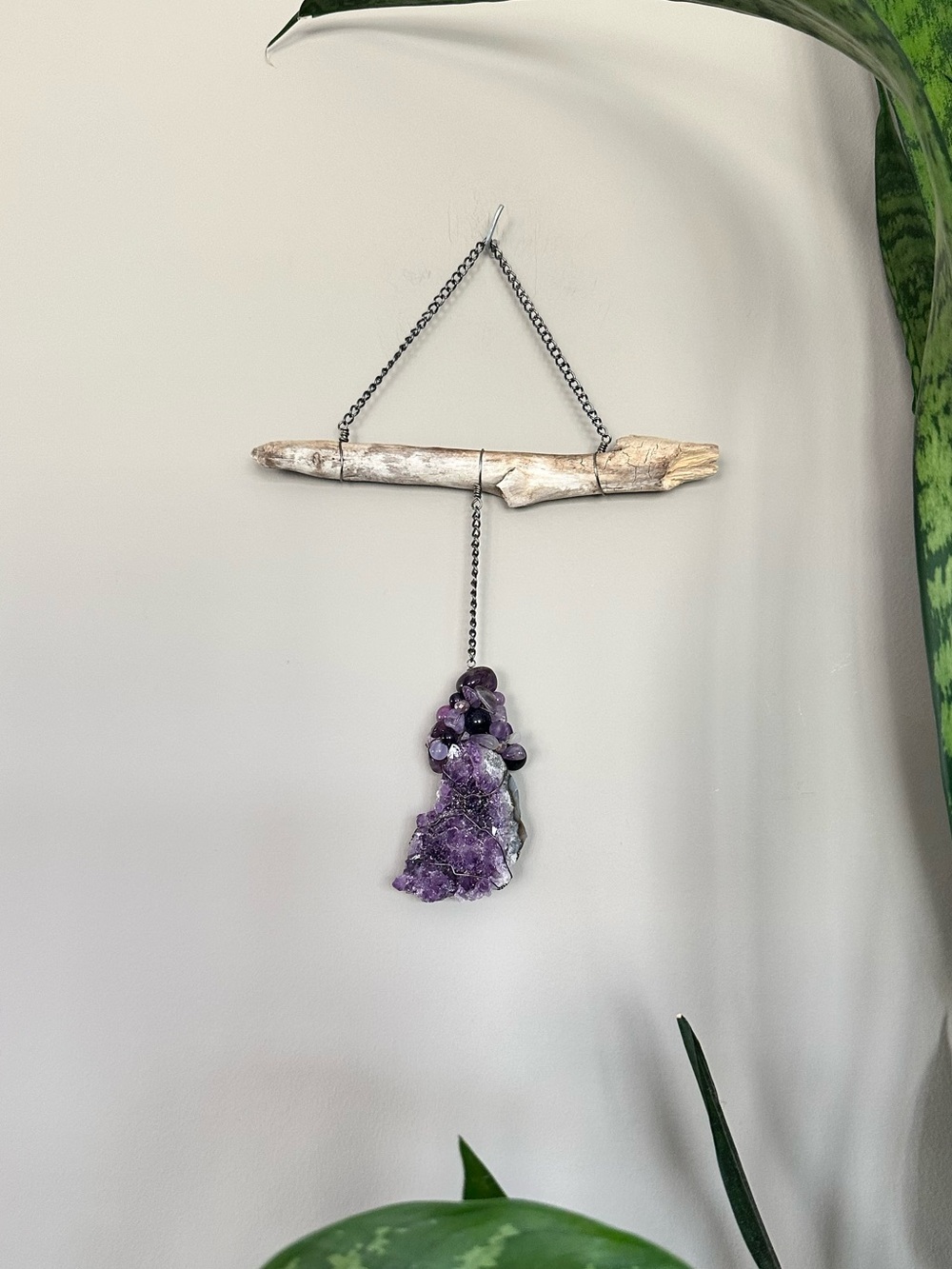Handcrafted Amethyst Wall Hanging with Driftwood Accent